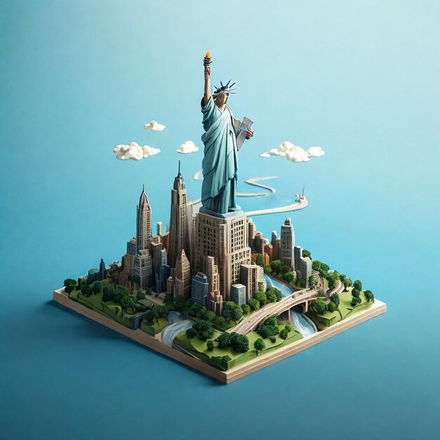 3D illustration of the Statue of Liberty in Times Square New York, towering over Manhattan’s skyline with skyscrapers, bridges, and rivers — a creative representation of New York City tourism.