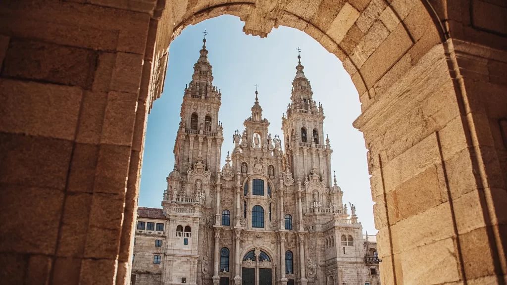 "Framed view of the Cathedral of Santiago de Compostela in Galicia, Spain, the final destination of the Camino de Santiago pilgrimage"
