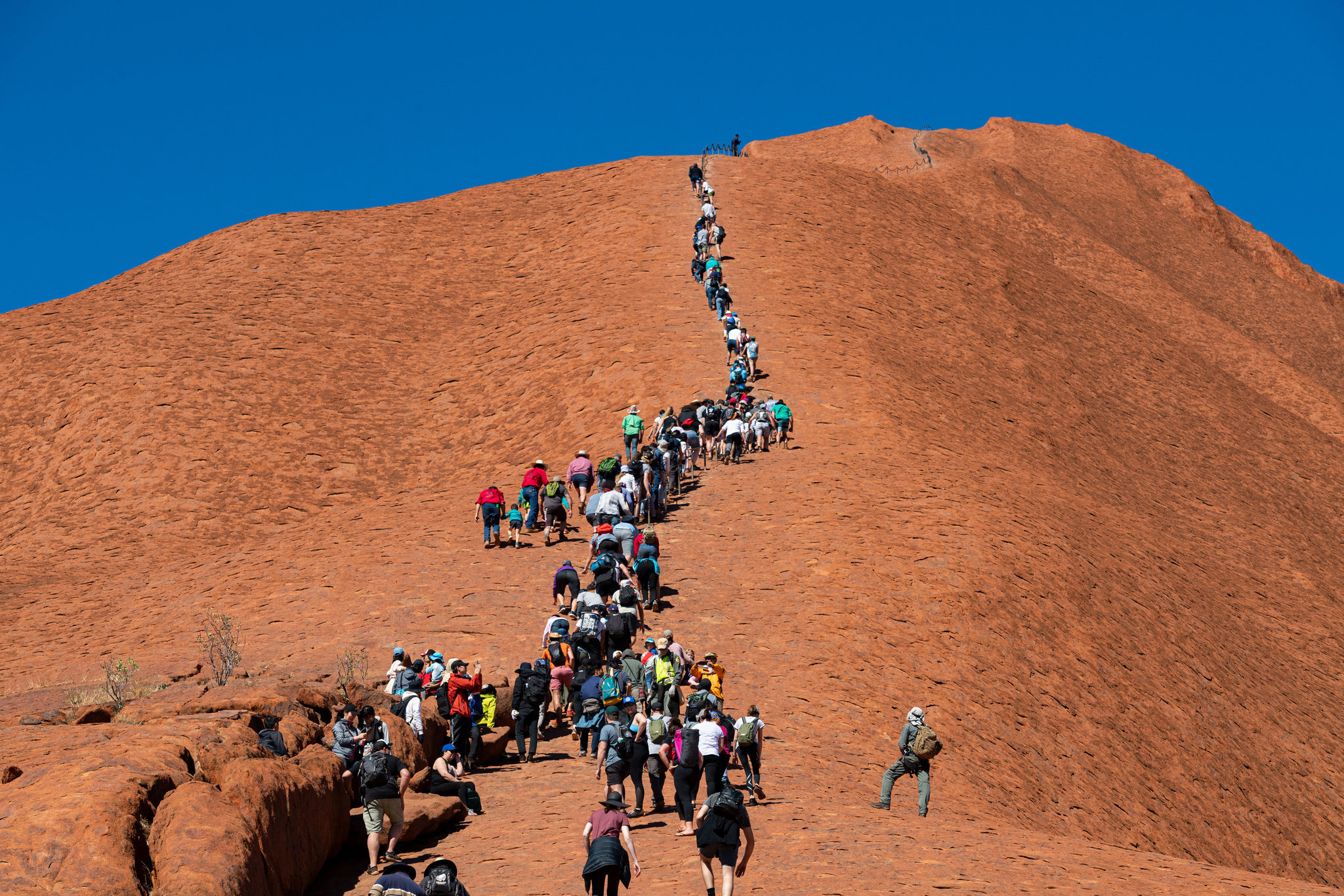 Large group of tourists climbing Uluru (Ayers Rock) before the 2019 climbing ban, showing the steep ascent on the red sandstone under clear blue skies in Australia’s Red Centre
