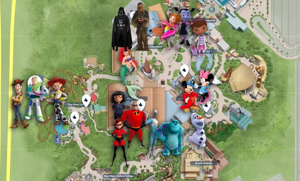 "Interactive Disneyland Paris character map featuring Toy Story, Star Wars, Frozen, The Incredibles, Mickey and Minnie Mouse, and other Disney and Pixar characters across themed park zones"