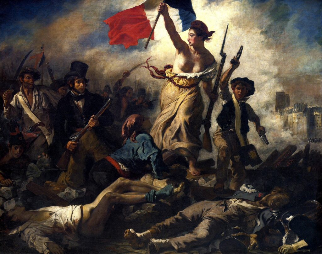Liberty Leading the People by Eugène Delacroix, a famous 1830 oil painting displayed at the Louvre Museum in Paris, symbolizing the French Revolution with a female figure holding the French flag