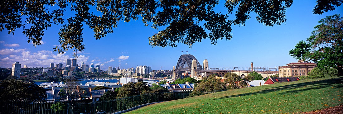 Panoramic view of Sydney Harbour Bridge and city skyline seen from a green park under a blue sky