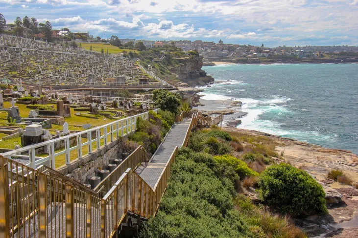 Bondi Beach travel guide: Scenic view of Waverley Cemetery along the Bondi to Coogee coastal walk in Sydney, Australia, with dramatic cliffs and turquoise ocean waves