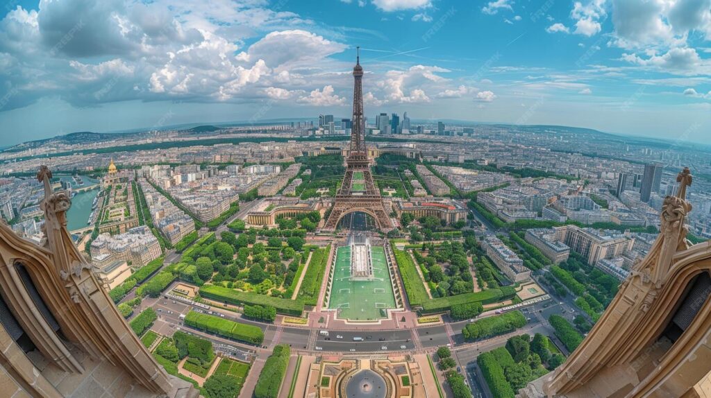 Eiffel Tower Paris travel guide: Aerial panoramic view of the Eiffel Tower and the Paris cityscape with the Champ de Mars gardens and La Défense skyline in the background on a partly cloudy day