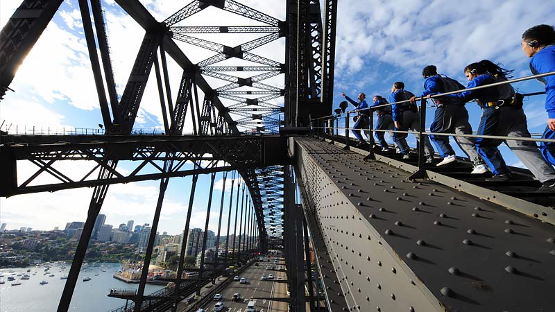 Group of climbers ascending the Sydney Harbour Bridge with panoramic views of the harbor and city skyline in the background on a clear day"