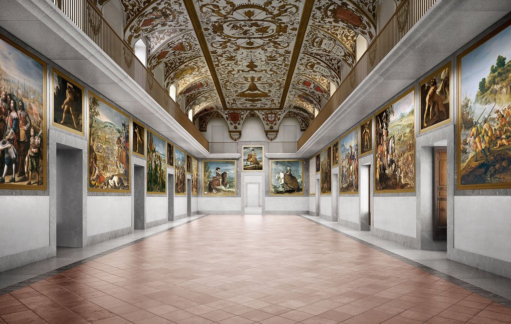 Prado Museum Madrid travel guide: "Interior of a grand gallery hall at the Prado Museum in Madrid, Spain, featuring Renaissance and Baroque paintings and an ornately decorated ceiling"