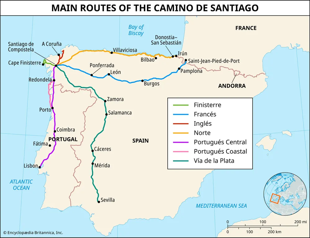 "Map showing main pilgrimage routes of the Camino de Santiago across Spain and Portugal, including Camino Francés, Portugués, Vía de la Plata, and others leading to Santiago de Compostela"