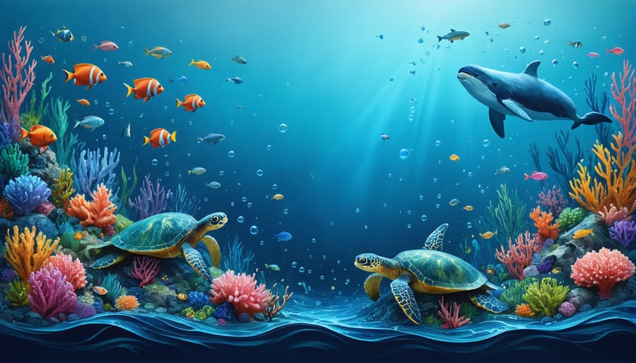 Illustration of a vibrant coral reef ecosystem with sea turtles, tropical fish, and a whale swimming under sunlit ocean waters at the Great Barrier Reef