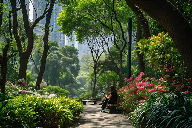 Woman reading on a bench in a lush green city park surrounded by flowers and tall trees, with modern skyscrapers in the background
