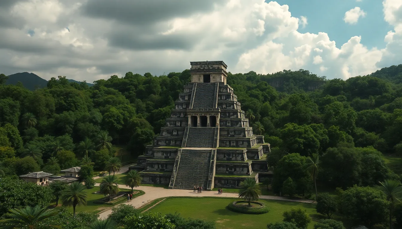 "El Castillo pyramid at Chichen Itza, surrounded by lush green jungle in the Yucatan Peninsula, Mexico, under a cloudy sky"