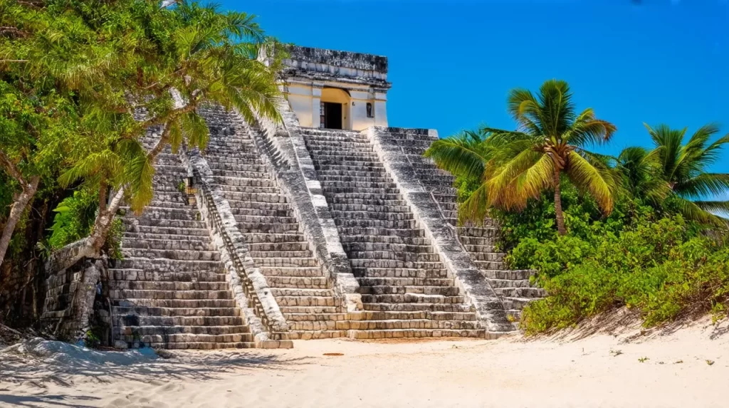 "Mayan temple with stone steps surrounded by palm trees and white sand in Tulum, Mexico, under a bright blue sky"