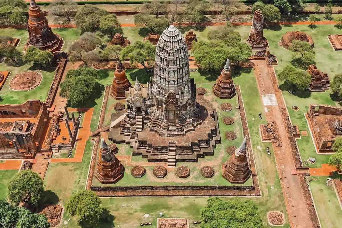 Aerial view Ayutthaya Historical Park Thailand ancient Siam legacy temple ruins central prang stupa UNESCO World Heritage Site