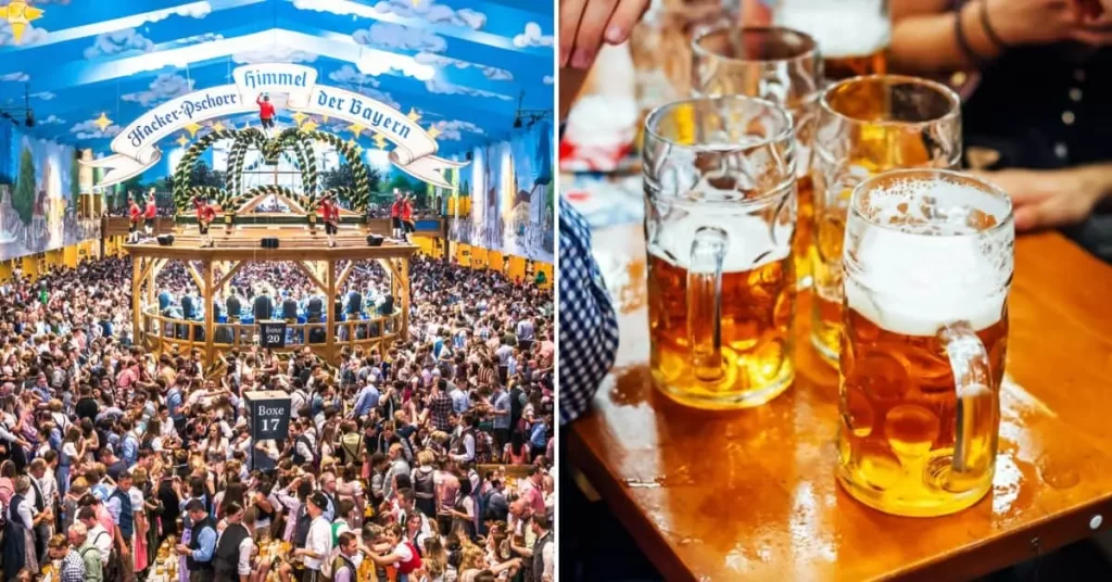 Oktoberfest in Munich "Crowds celebrating inside a decorated beer tent at Oktoberfest in Munich, Germany, alongside close-up view of traditional one-liter beer mugs on a wooden table"