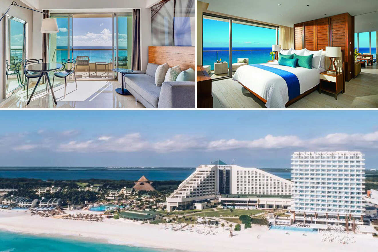 Cancun travel guide: "Modern beachfront resort in Cancun, Mexico featuring ocean-view suites, spacious balconies, luxury interiors, and aerial views of the white-sand beach and turquoise Caribbean waters"
