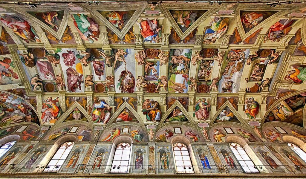 "Michelangelo’s painted ceiling of the Sistine Chapel in Vatican City showcasing Renaissance frescoes and biblical scenes in vibrant detail"