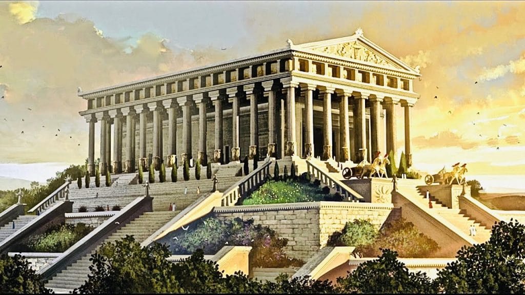 "Ephesus ancient Roman city: Artistic reconstruction of the ancient Temple of Artemis in Ephesus, Turkey, featuring grand marble columns and stairways under a golden sunset sky"