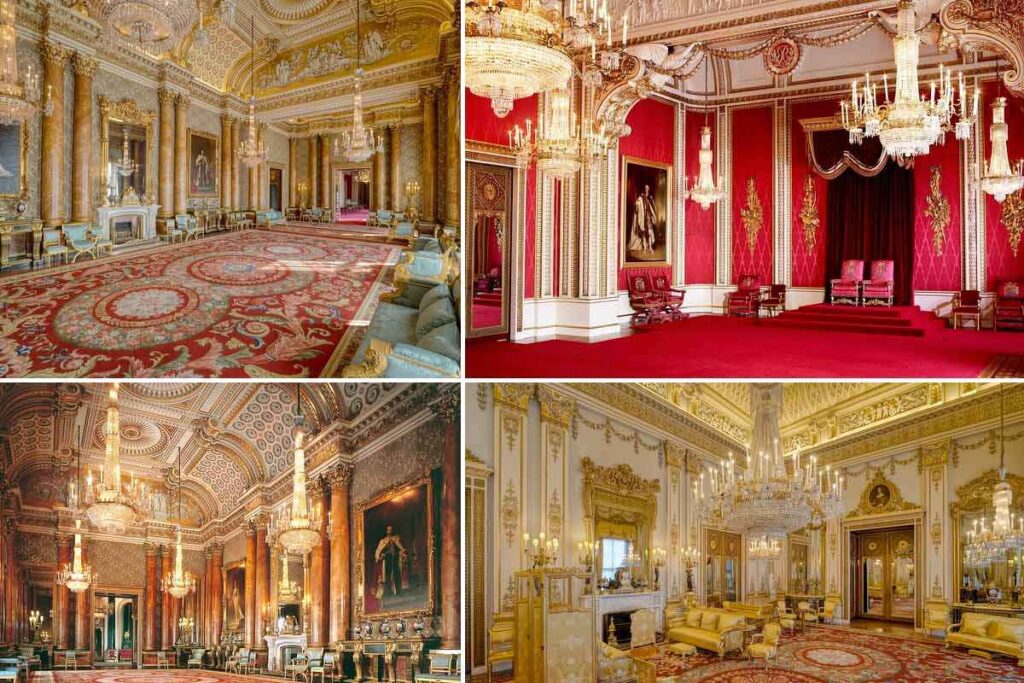 Buckingham Palace London: "Lavish State Rooms inside Buckingham Palace in London featuring grand chandeliers, red and gold royal décor, and historic paintings"