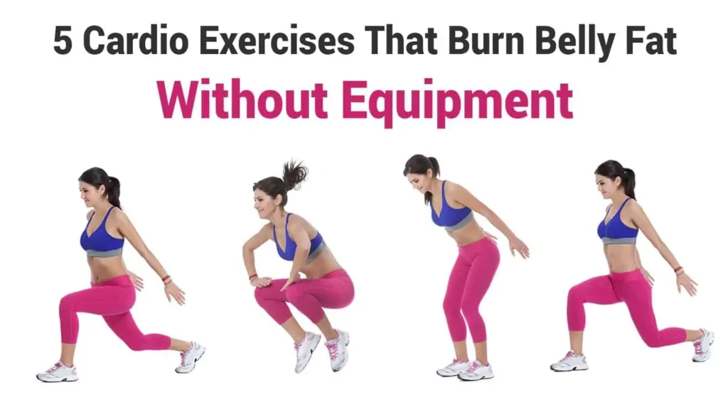 Best exercises for belly fat reduction: "Illustration of five cardio exercises that burn belly fat without equipment, showing a woman performing various fat-burning movements such as jumps and lunges for a home workout routine."