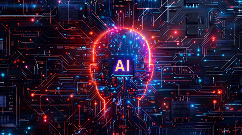 “Futuristic digital illustration of a glowing human head outline with AI text at the center, symbolizing artificial intelligence, technology, and machine learning circuits.”
