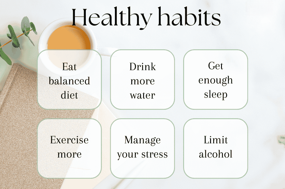 "Healthy habits infographic showing lifestyle tips such as eating a balanced diet, drinking more water, getting enough sleep, exercising more, managing stress, and limiting alcohol for better overall health."