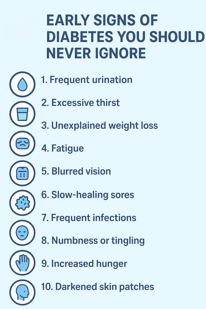 Early signs of diabetes: "Infographic listing early signs of diabetes such as frequent urination, excessive thirst, weight loss, fatigue, blurred vision, slow-healing sores, infections, numbness, increased hunger, and darkened skin patches."