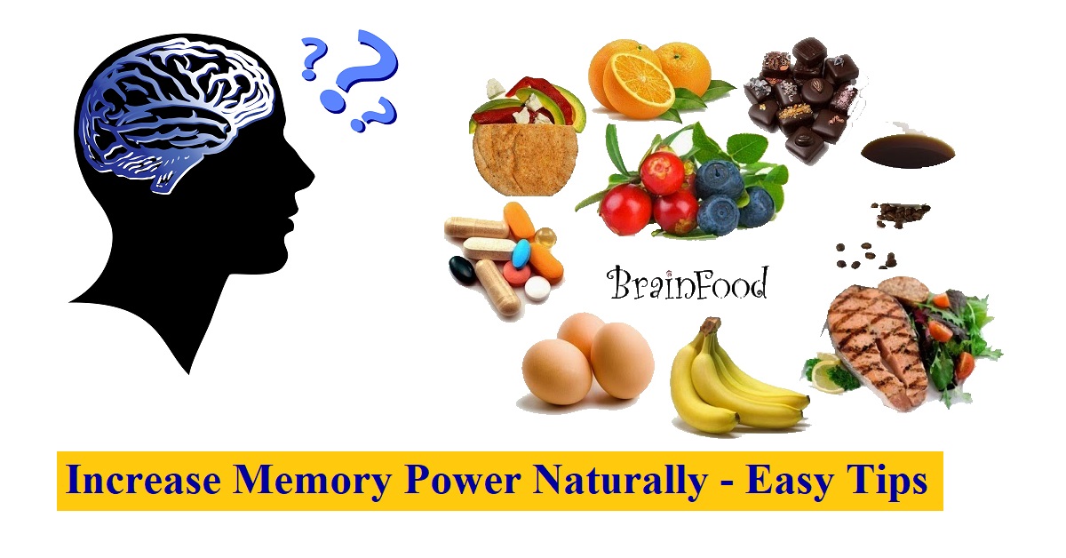 “Brain-boosting foods and natural ways to improve memory — illustration showing healthy items like fish, eggs, bananas, berries, nuts, dark chocolate, and coffee that enhance concentration and cognitive function naturally.”