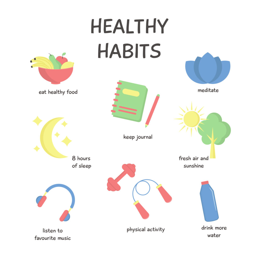 "Infographic of healthy habits including eating healthy food, meditating, getting 8 hours of sleep, keeping a journal, enjoying fresh air and sunshine, listening to music, staying physically active, and drinking more water."