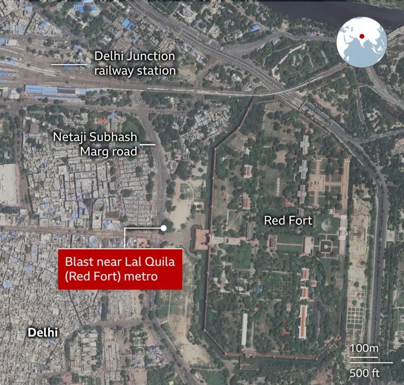 Red Fort explosion in Delhi: Satellite map showing the location of the powerful explosion near Lal Quila (Red Fort) Metro Station in Delhi, close to Red Fort and Delhi Junction railway station, highlighting the affected area and surrounding roads.