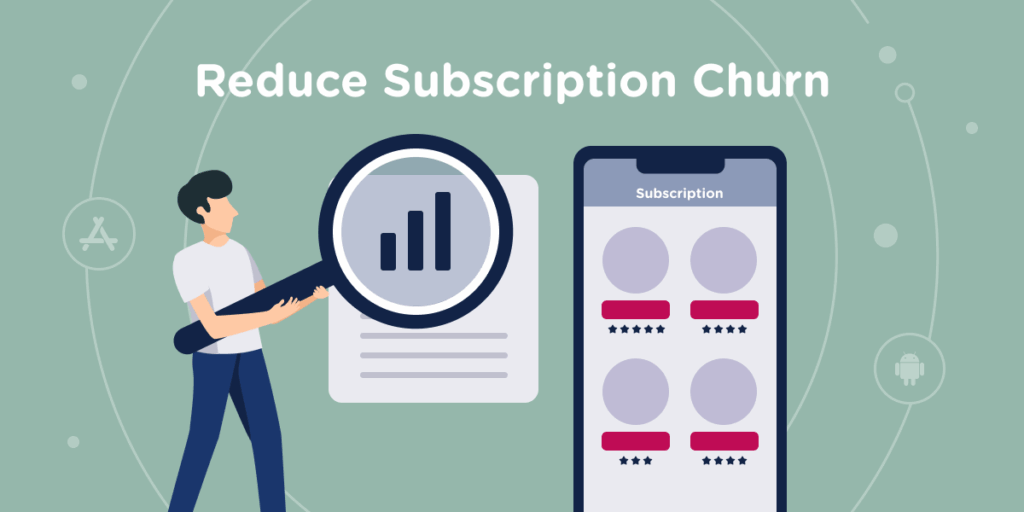 “Illustration showing a person analyzing subscription data on a smartphone, symbolizing strategies to reduce subscription churn and improve customer retention.”