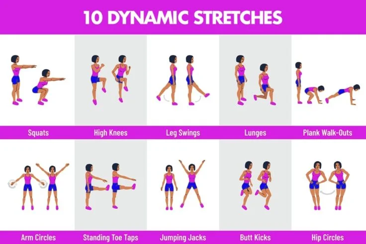 How to stay fit at home without equipment: "Illustration of 10 dynamic stretches including squats, high knees, leg swings, lunges, plank walk-outs, arm circles, standing toe taps, jumping jacks, butt kicks, and hip circles for a full-body warm-up routine."