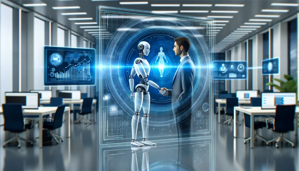 "Futuristic workplace scene showing a humanoid robot and a businessman shaking hands inside a digital interface, symbolizing AI–human collaboration and the future of automation in modern offices."