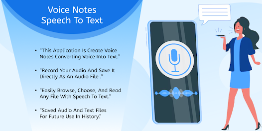 "Illustration of a speech-to-text voice notes application showing features such as converting voice to text, recording audio, saving files, browsing and reading text files, and storing audio history for future use."