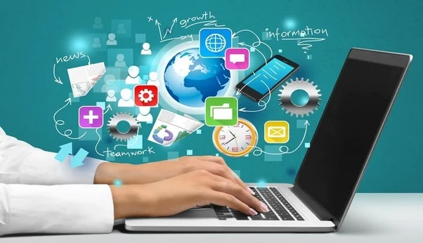 Hands typing on a laptop with digital icons showing productivity tools, time management symbols, global communication, teamwork, and technology concepts displayed in the background.