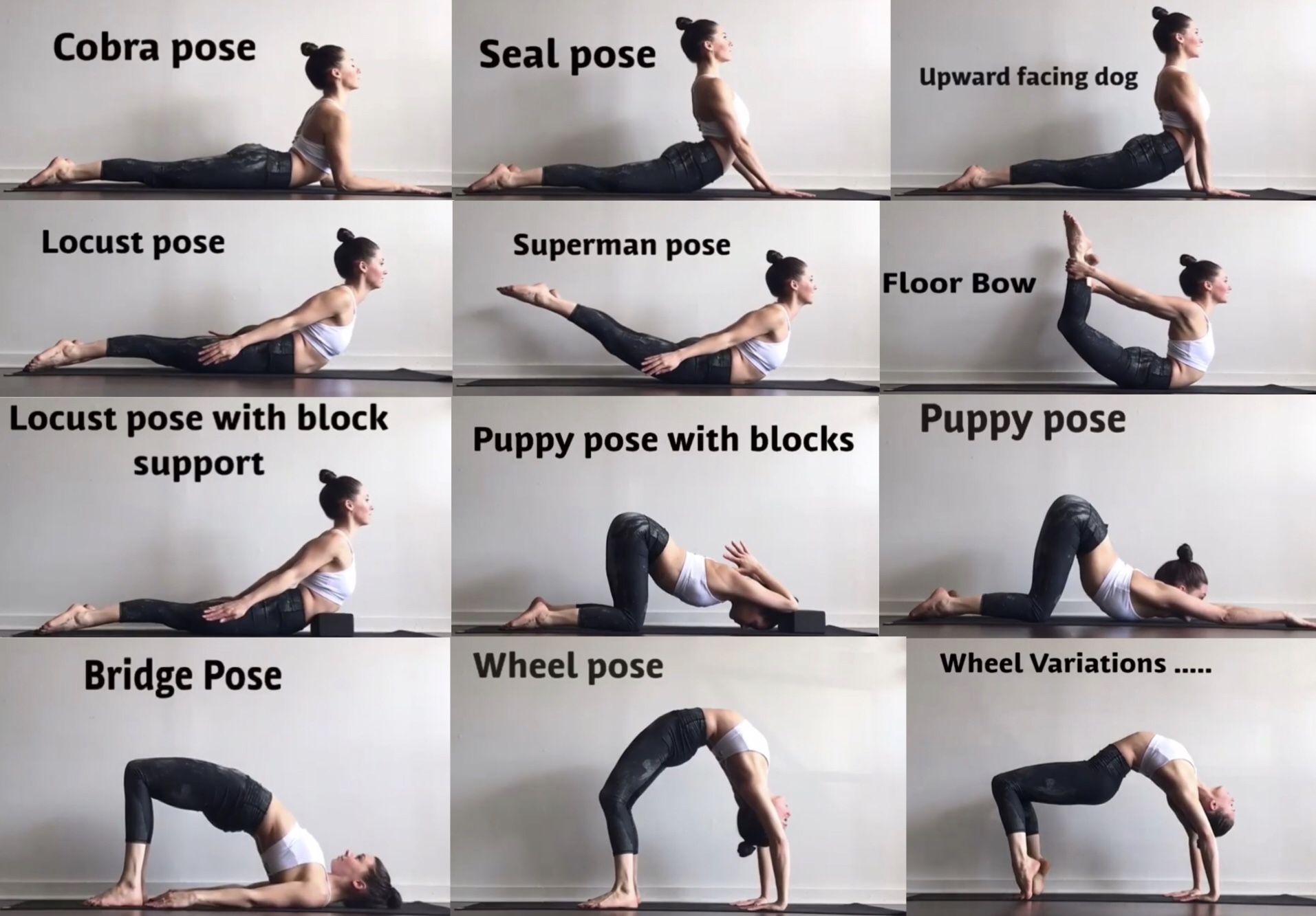 "Yoga pose collage showing various backbend and flexibility positions demonstrated on a mat."