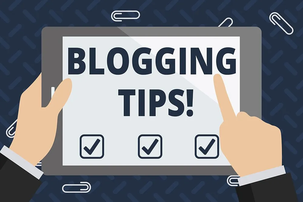 Blogging for Beginners: "Illustration of hands holding a tablet displaying the text Blogging Tips with checkmark icons."