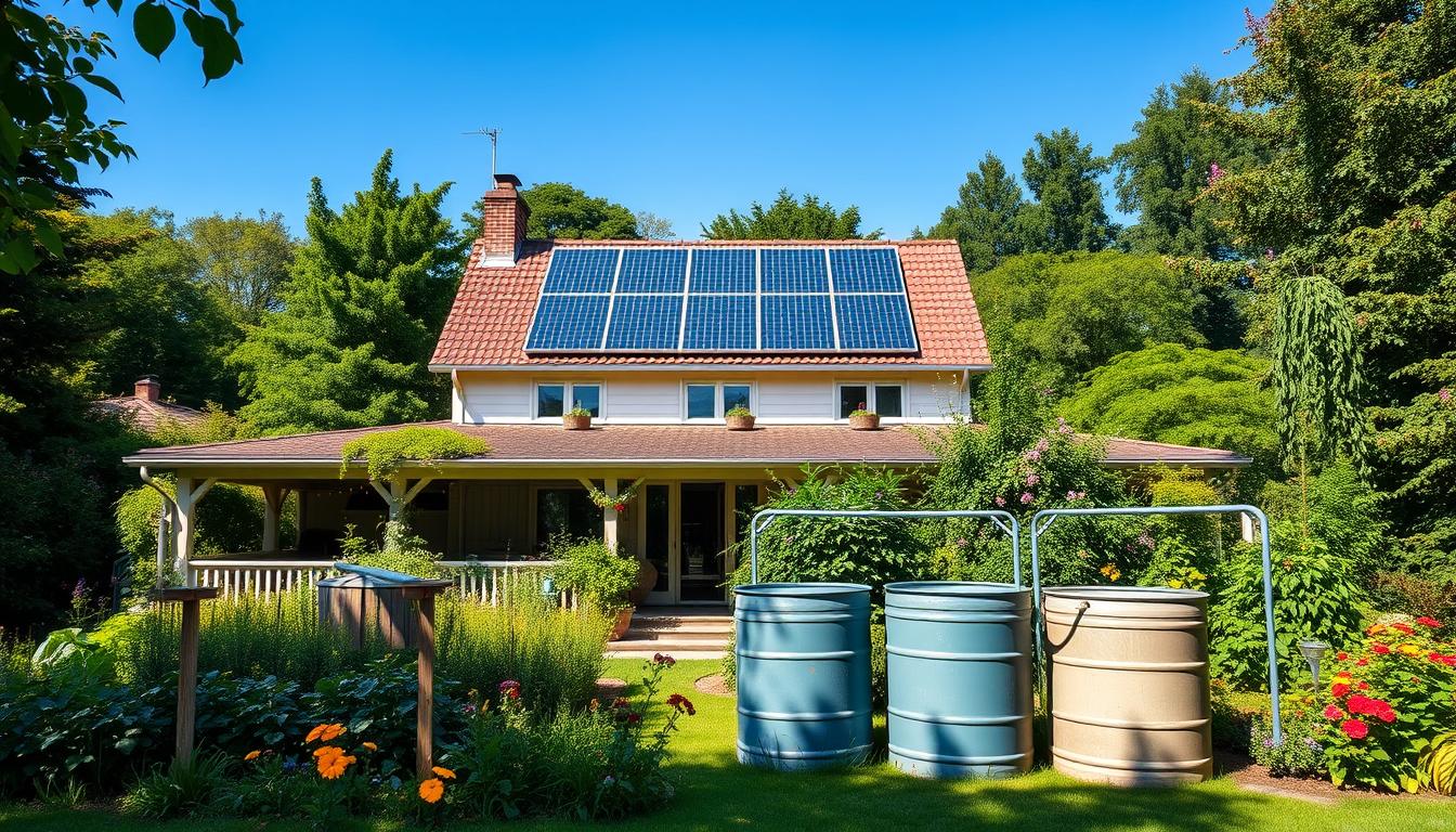 “Eco-friendly home with rooftop solar panels, rainwater harvesting barrels, and a lush garden, showcasing sustainable living practices.”