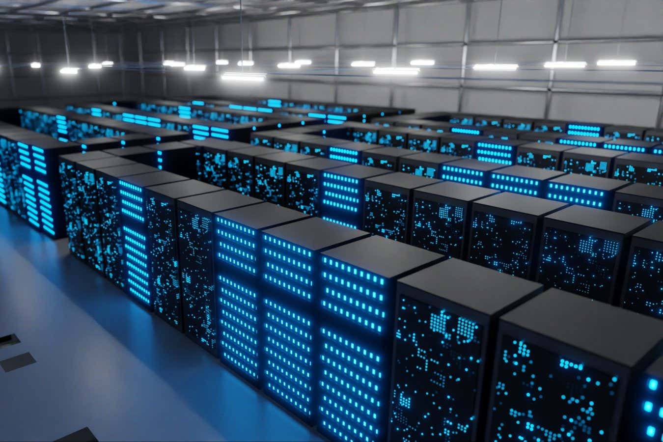 Modern AI-powered data centre with rows of illuminated blue server racks symbolizing India’s expanding digital infrastructure and high-performance computing technology.