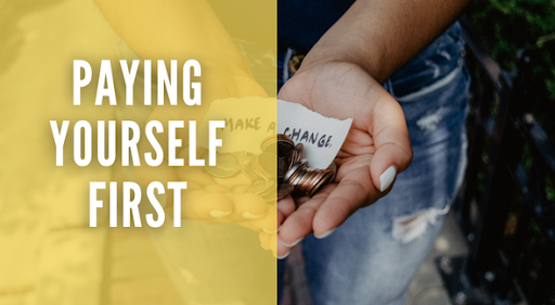 Save money every month: “Close-up of a person holding coins and a small note that says ‘make change,’ representing the financial concept of paying yourself first and saving money regularly.”