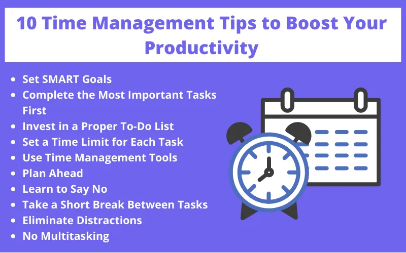 Infographic listing 10 time management tips to boost productivity, including setting SMART goals, prioritizing tasks, using to-do lists, setting time limits, using tools, planning ahead, saying no, taking breaks, eliminating distractions, and avoiding multitasking, with icons of a clock and calendar.
