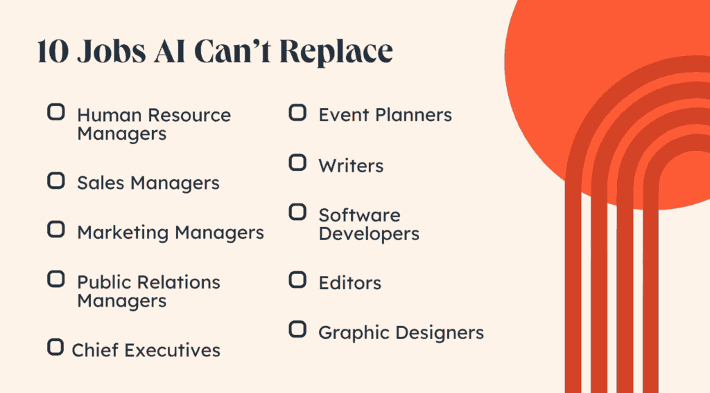 "Infographic showing 10 jobs AI cannot replace, such as HR managers, sales managers, marketers, PR managers, executives, writers, developers, editors, designers, and event planners."